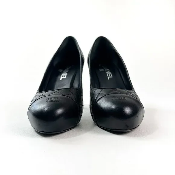 CHANEL Quilted Platform Black Pumps Size 38.5 US 8 CC Logo Heel Cap Toe - Picture 6 of 12